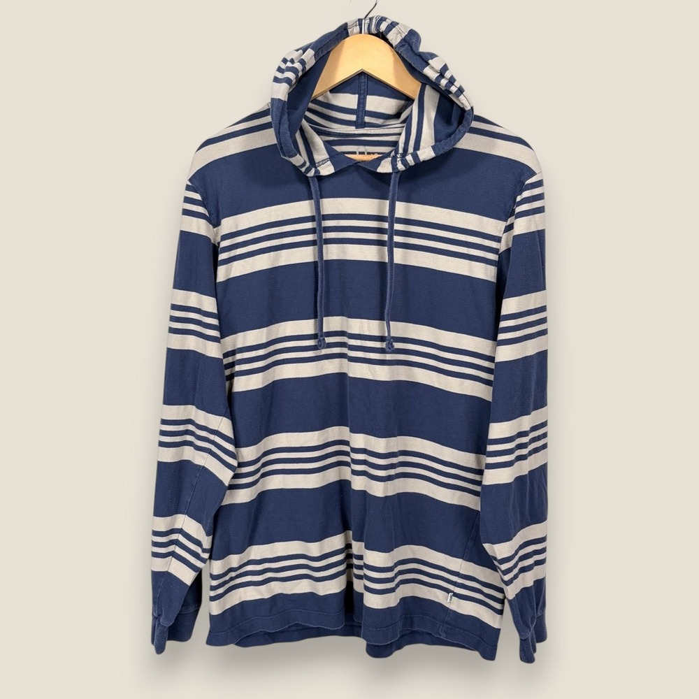Katin Long Sleeve Hoodie Shirt Men Large Blue Cream Striped 100% Cotton Slub